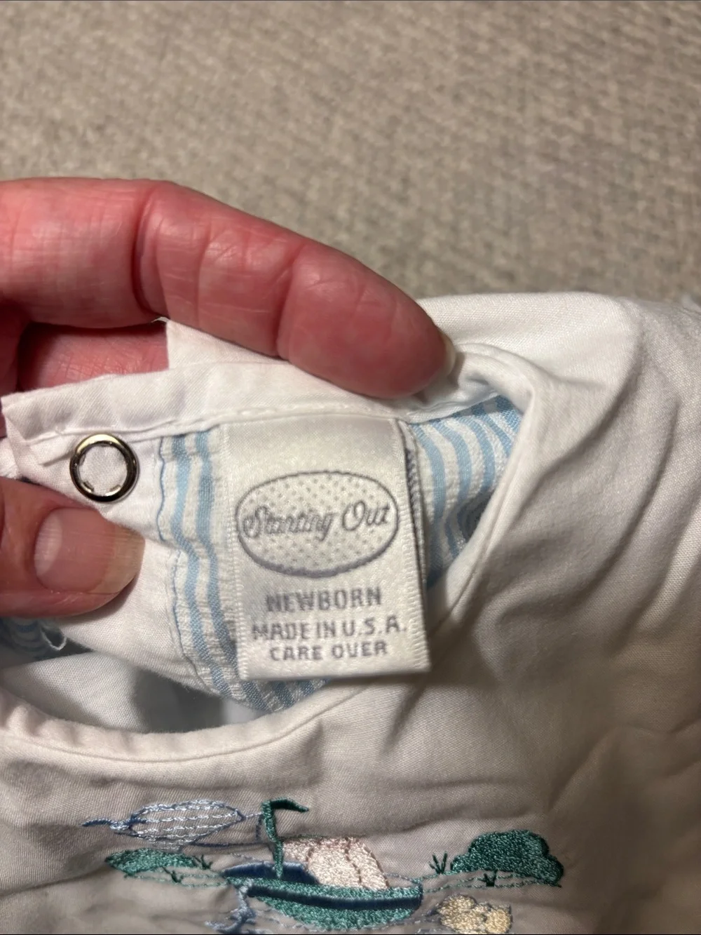 Vintage Seersucker Baby Bubble Romper with Sailboat Embroidery USA